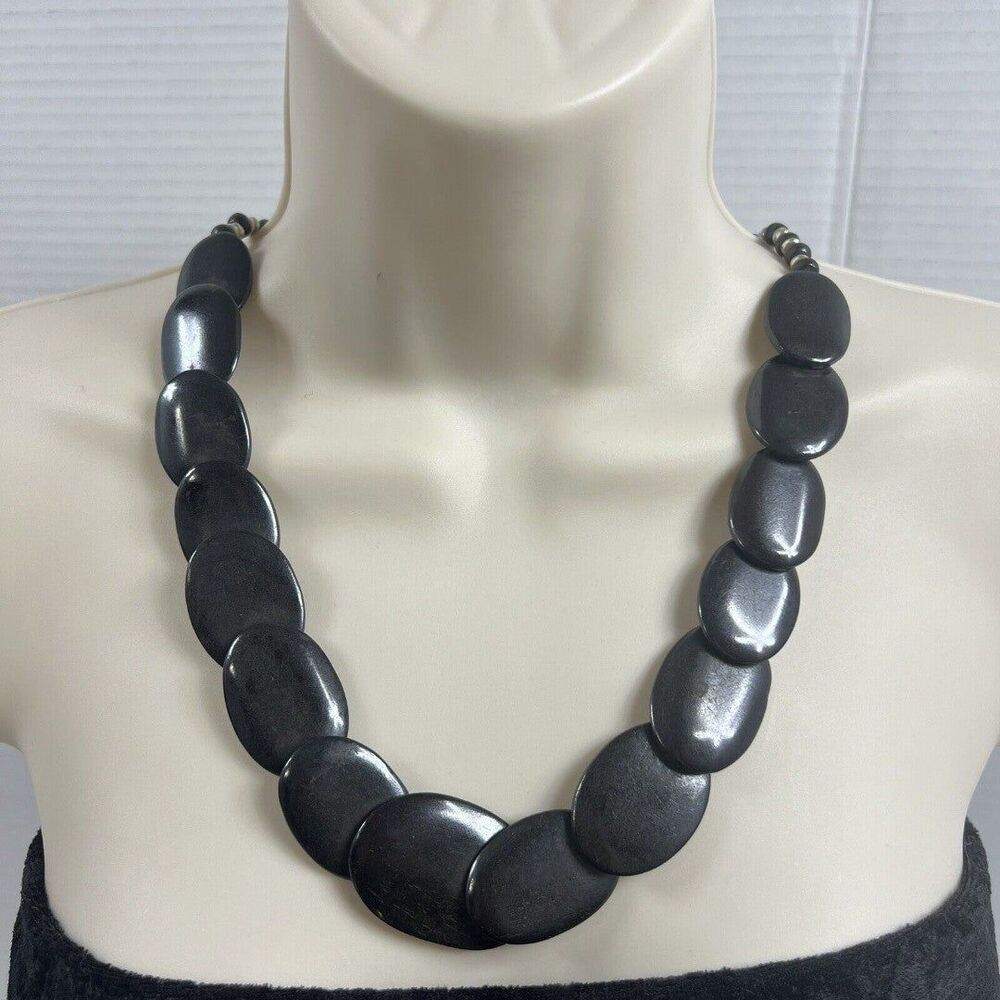 Vintage Bone Bead Necklace Large Statement Necklace Oval Flat Beads Tribal Boho